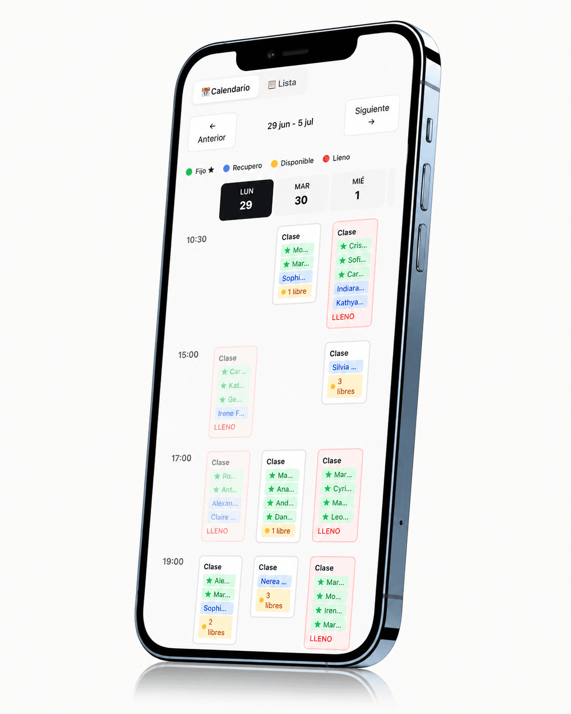 Mano sosteniendo un iPhone con una captura del panel de sesiones de Agendatia